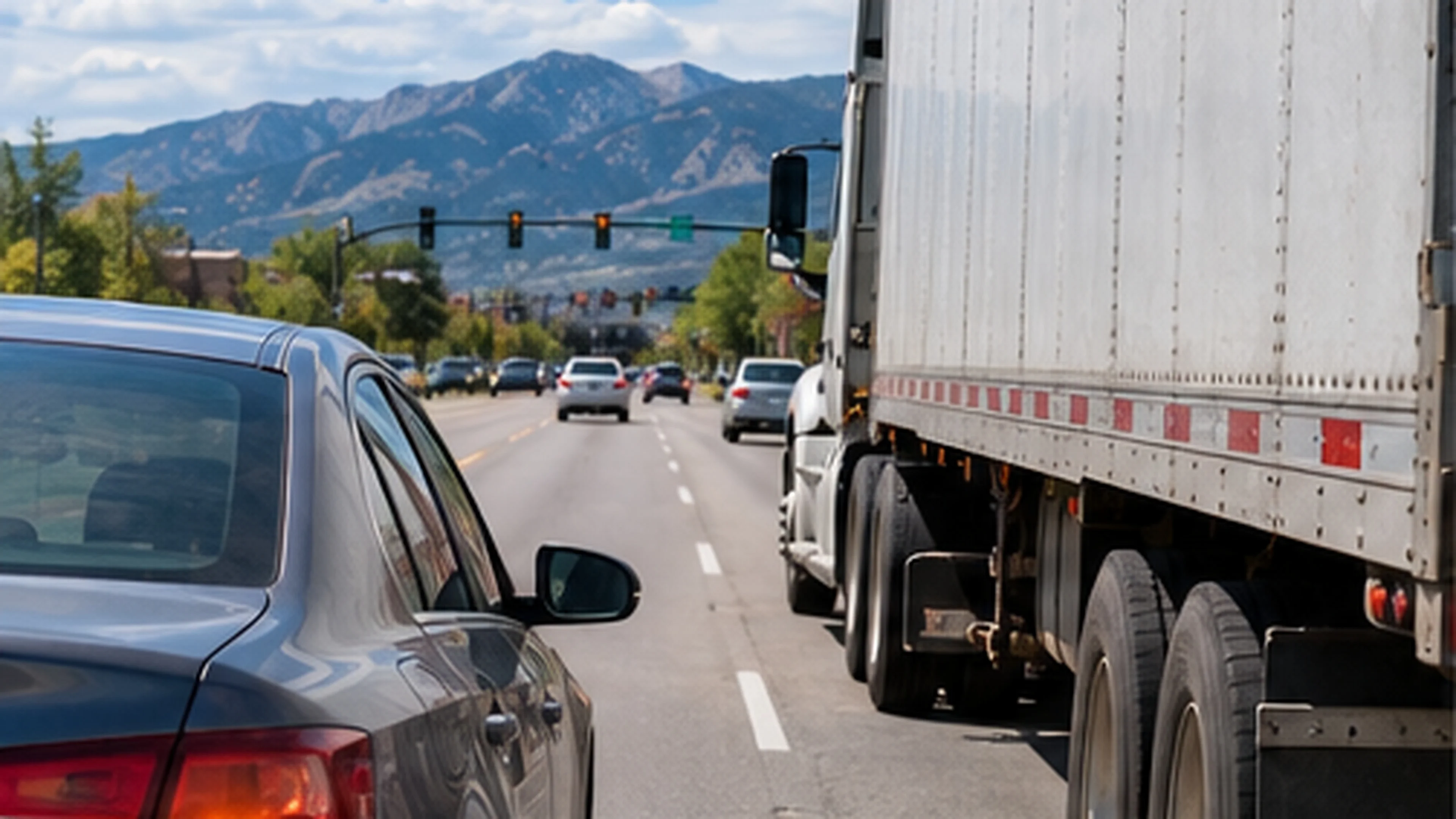 Semi-truck traveling beside a passenger car on a multi-lane road in Fort Collins, Colorado, illustrating the risk of a truck lane change accident.