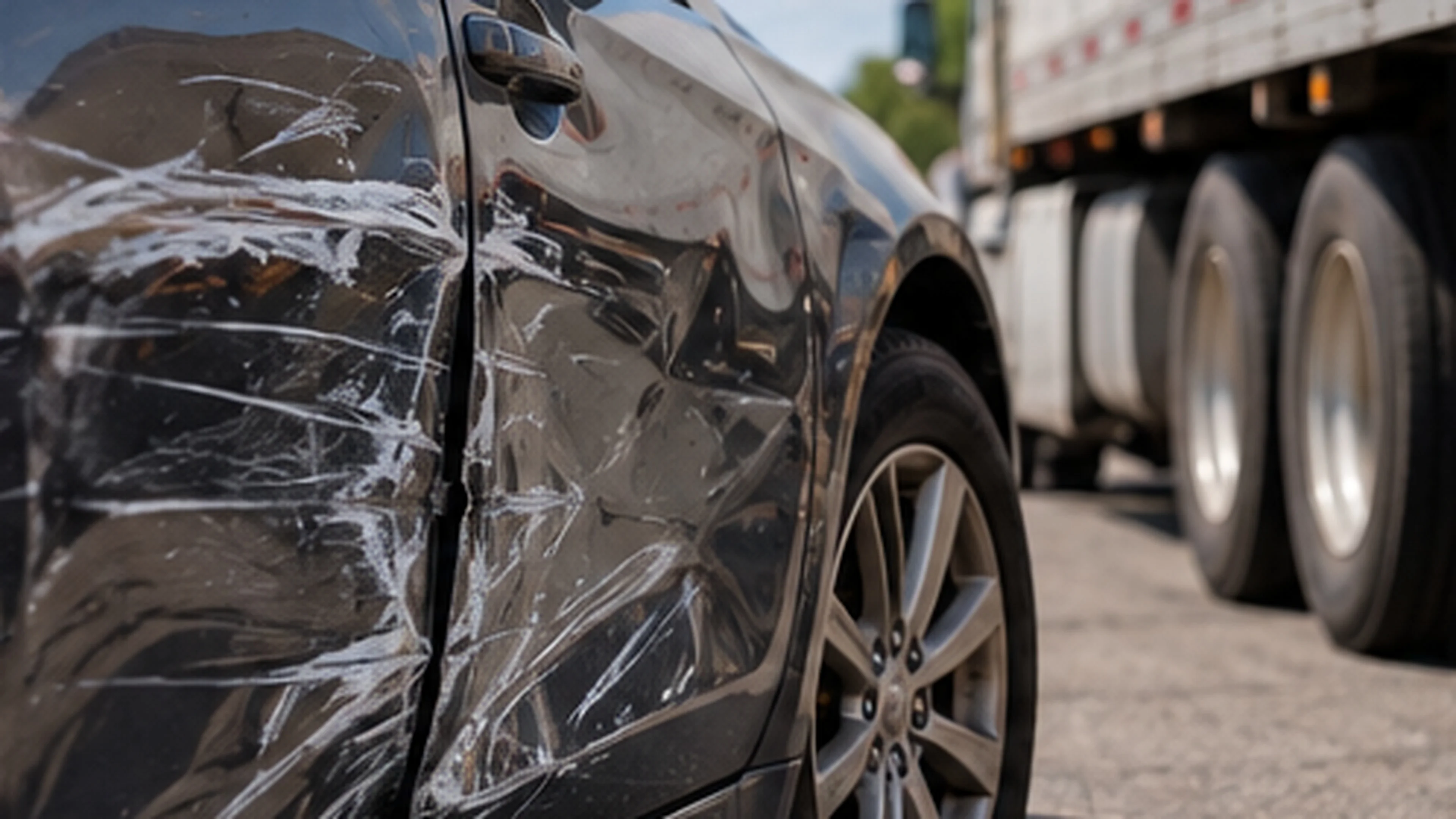 Close-up of scraped and dented passenger car doors showing vehicle damage consistent with a semi-truck sideswipe accident in Colorado.