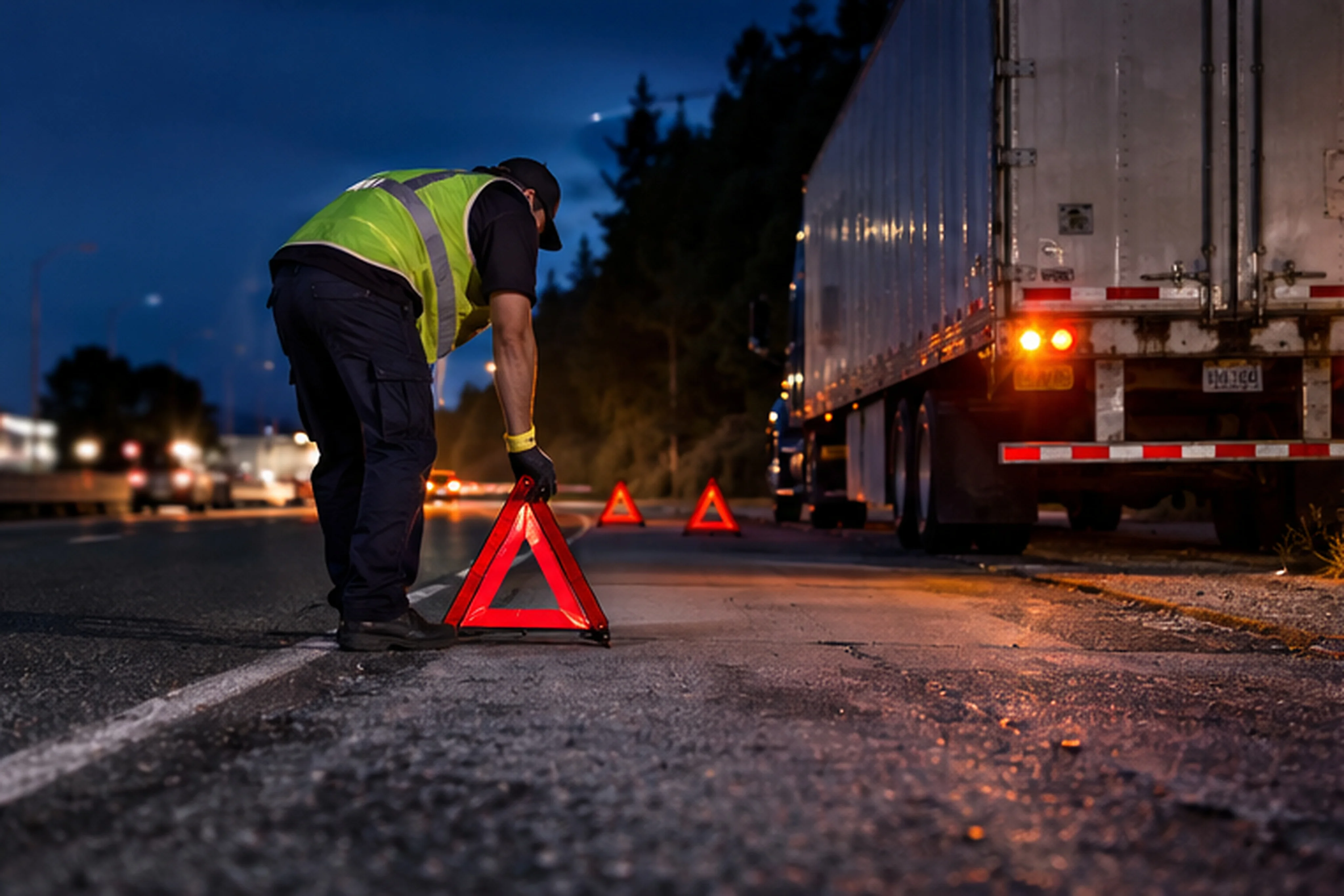 Truck driver wearing a high-visibility safety vest placing a reflective warning triangle behind a disabled semi-truck on a highway shoulder at dusk.