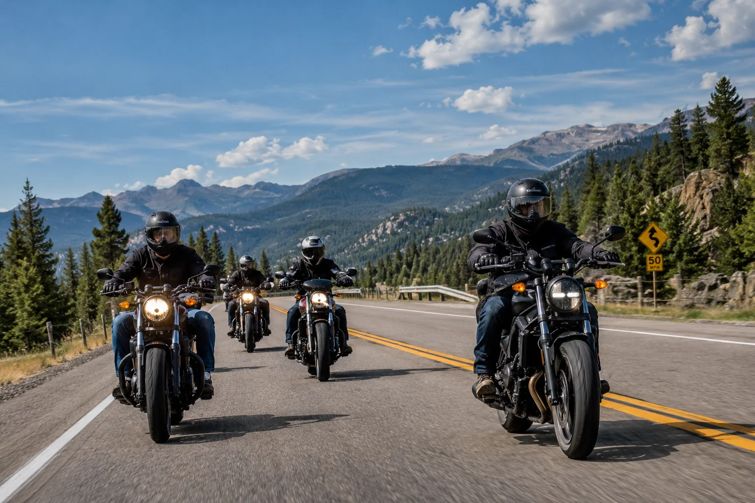 Group of motorcyclists riding together on a winding Wyoming mountain highway, illustrating motorcycle group rides near Cheyenne.