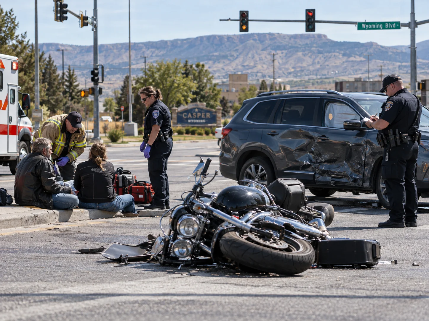 Motorcycle passenger accident scene in Casper, Wyoming, with a damaged motorcycle and SUV as emergency responders assist injured riders and police investigate the crash.