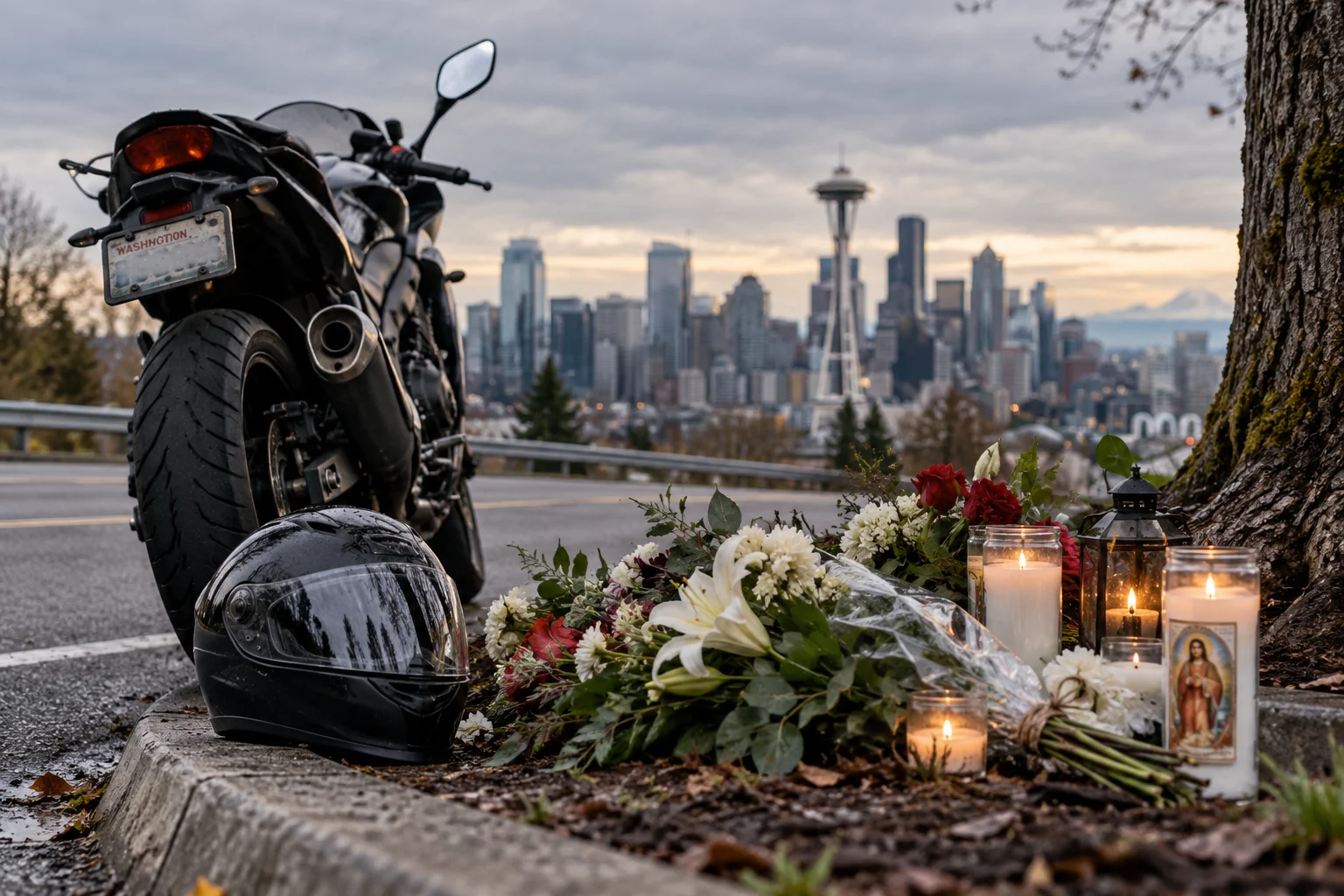Roadside memorial with motorcycle, helmet, flowers, and candles overlooking Seattle after a fatal motorcycle crash in Washington.