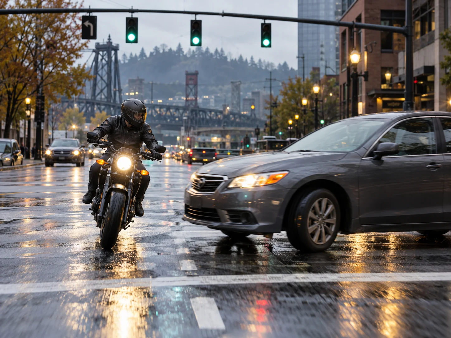 Motorcyclist approaches a Portland intersection as a sedan turns left across the rider’s path, creating a dangerous motorcycle accident risk.