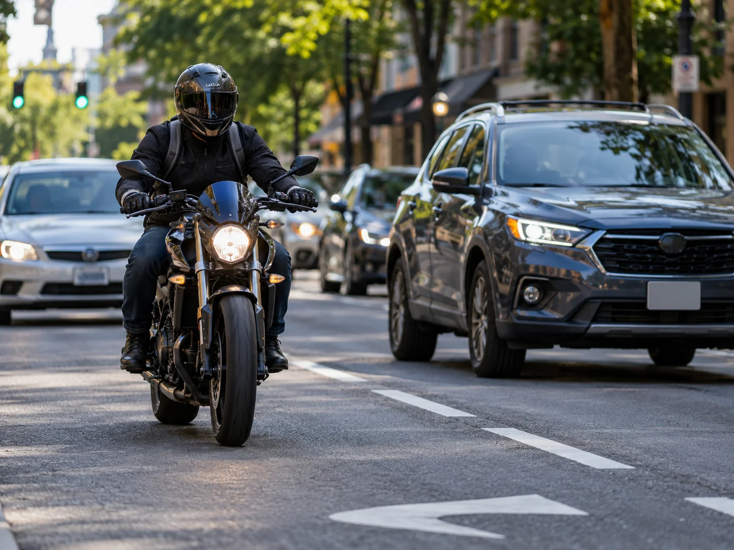 Motorcyclist rides alongside traffic on a Portland city street, illustrating Oregon motorcycle lane-use rights and safe lane positioning.