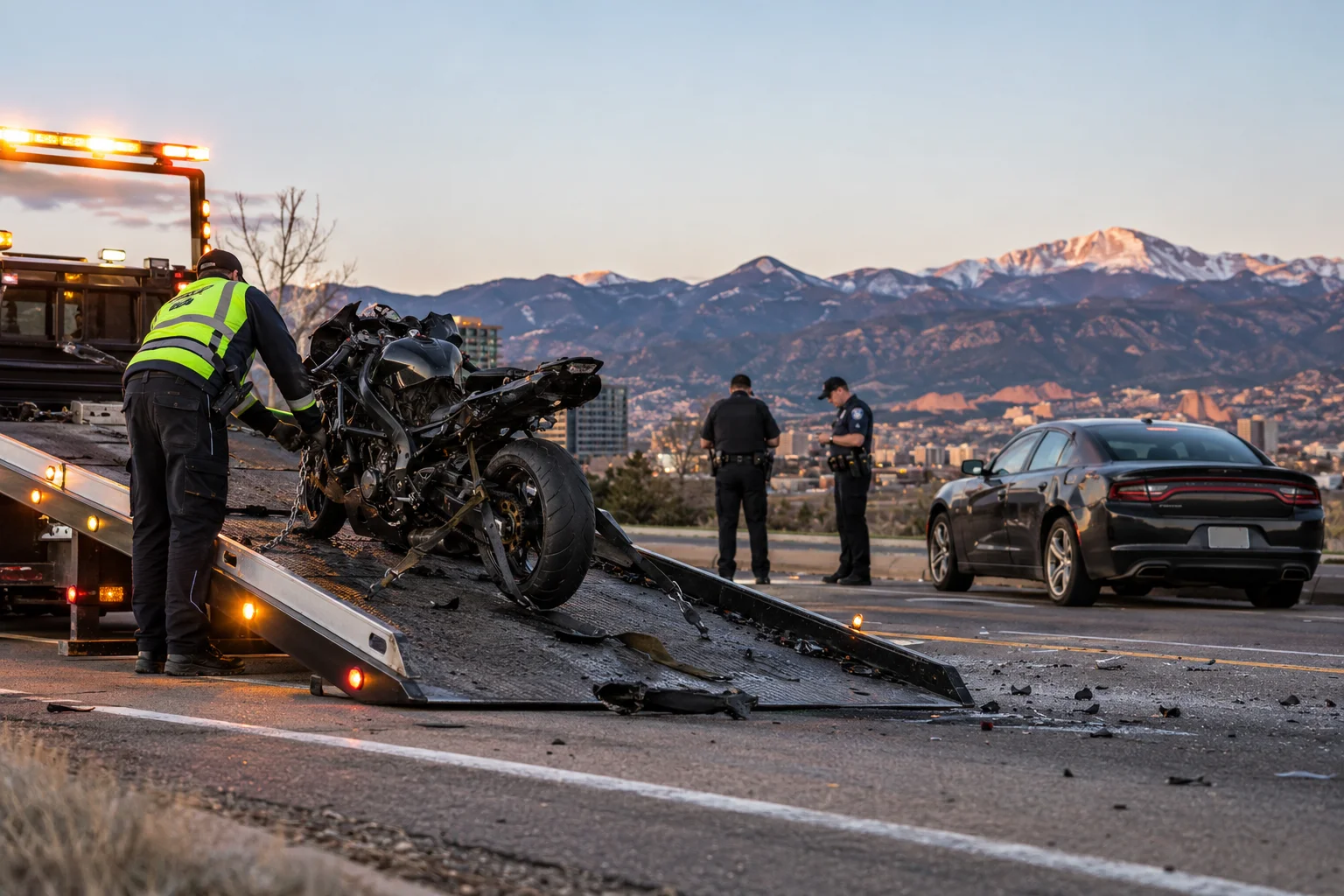 Tow truck operator recovering a damaged motorcycle after a suspected drunk driving accident in Colorado Springs, Colorado, as police investigate the crash scene.