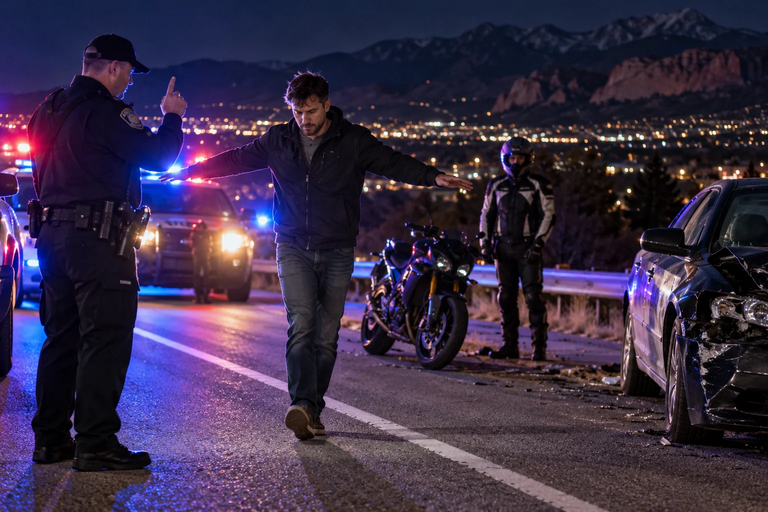 Colorado Springs police officer conducting a field sobriety test following a suspected DUI motorcycle accident, with damaged vehicles and emergency lights at the scene.