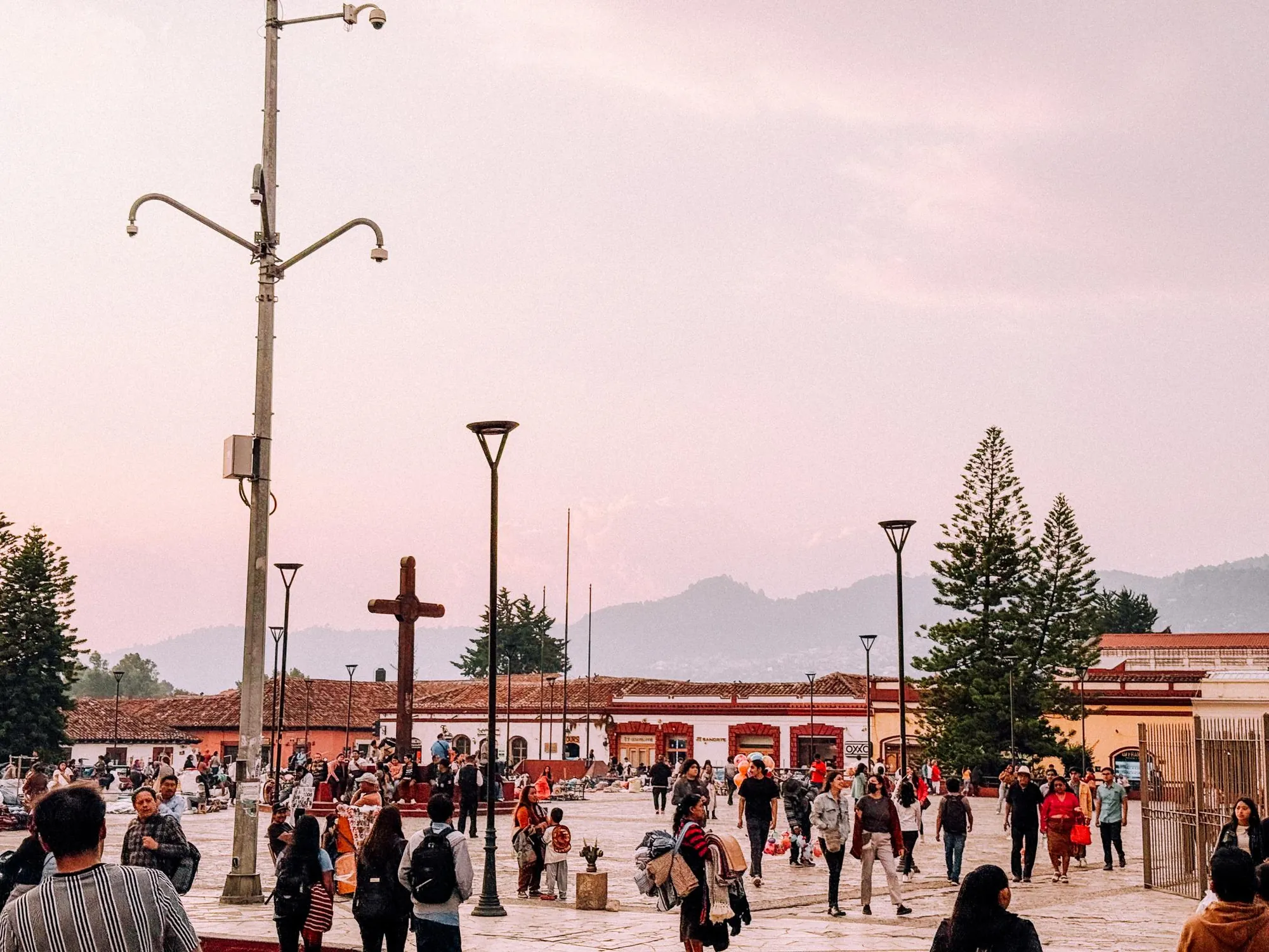 Town plaza at sunset in San Cristóbal de las Casas