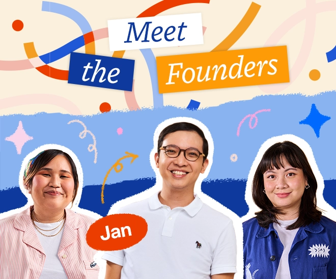 Banner titled 'Meet the Founders' featuring three smiling people, with the person in the center labeled Jan.