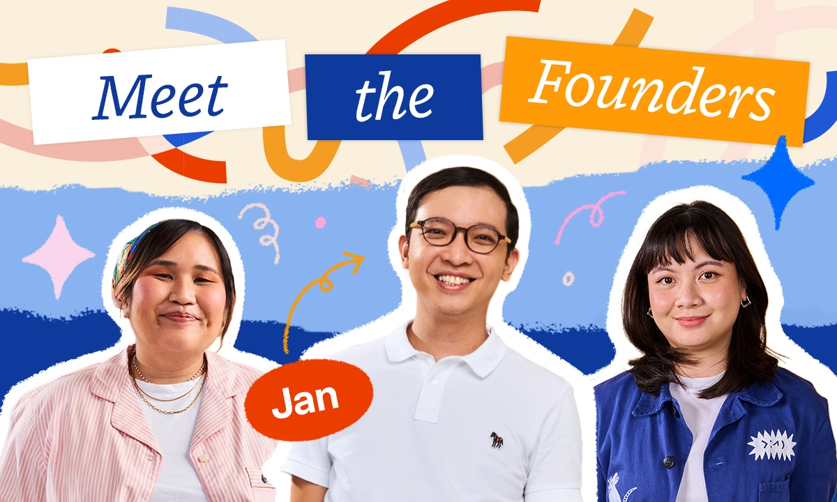 Banner titled 'Meet the Founders' featuring three smiling people, with the person in the center labeled Jan.