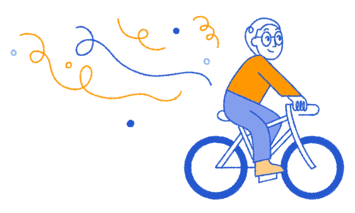 an illustration of a guy, representing Jan, with glasses riding a bike.