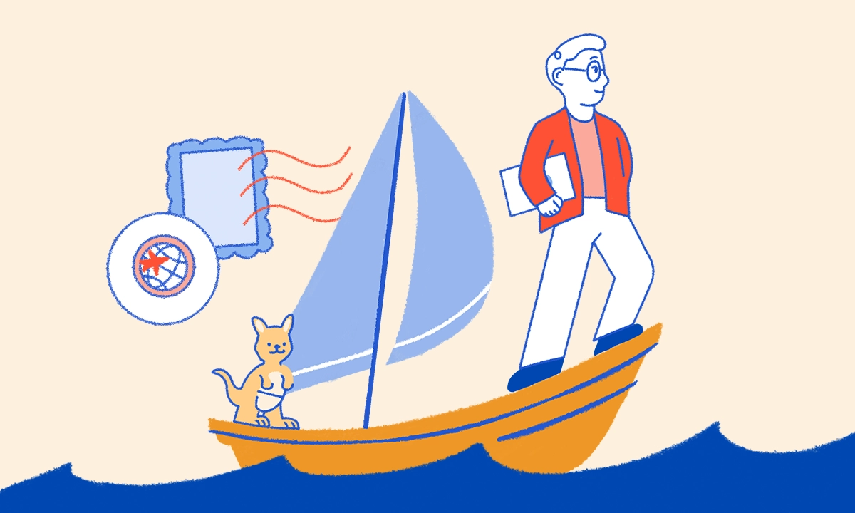 Illustration of a person standing on a sailboat holding papers, with a cat on board and icons of a globe and a postcard floating nearby.