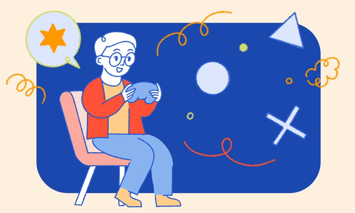Illustration of a person sitting on a chair playing a video game with abstract shapes floating around.