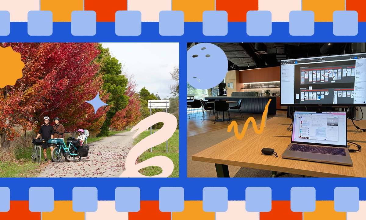 two photos: the photo on the left showing Jan's family and the photo on the right showing his work life with a computer desktop and a laptop on the table.