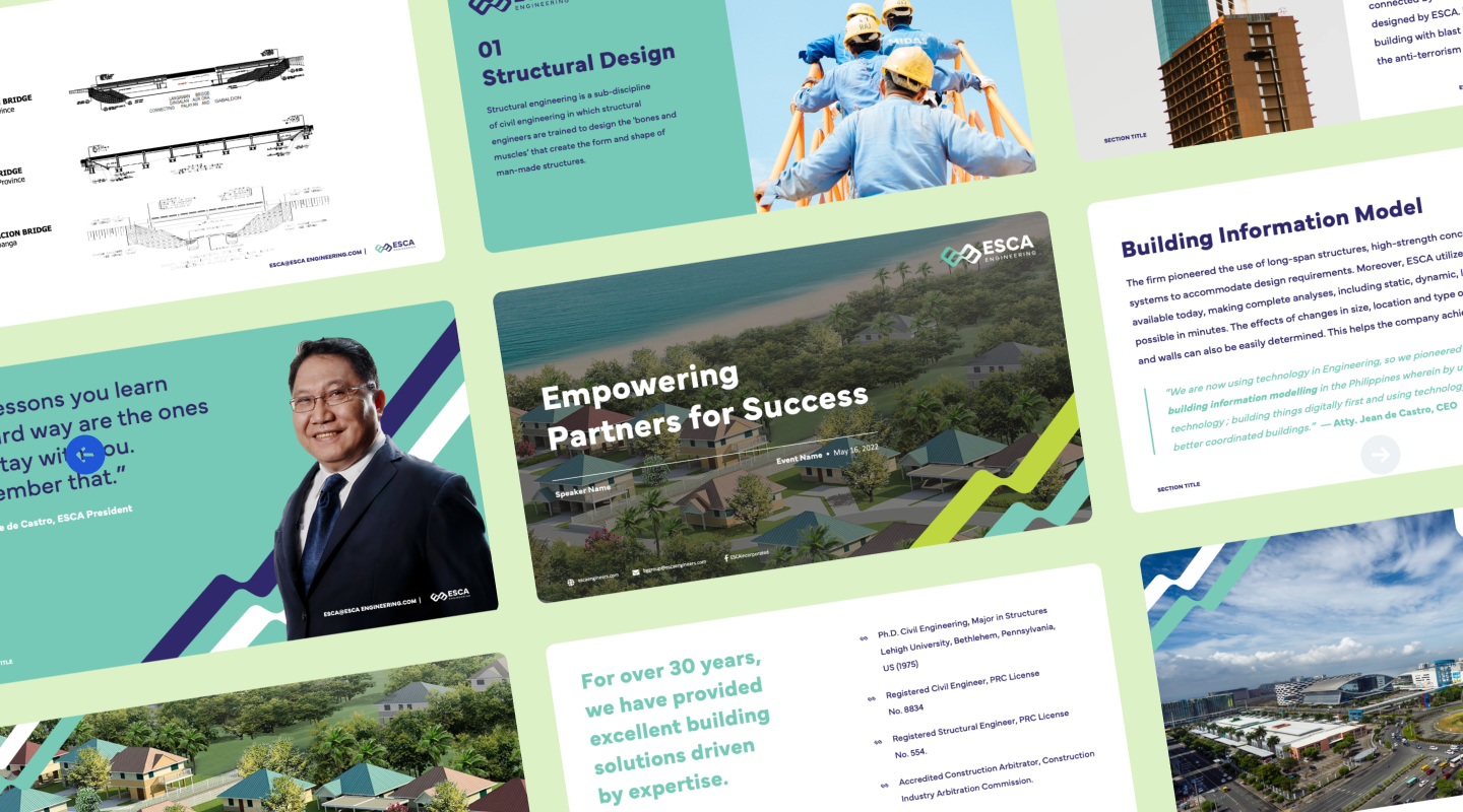 Collage of ESCA Engineering presentation slides with a green and blue theme, showing the title slide, the President, and sections on Structural Design and BIM.