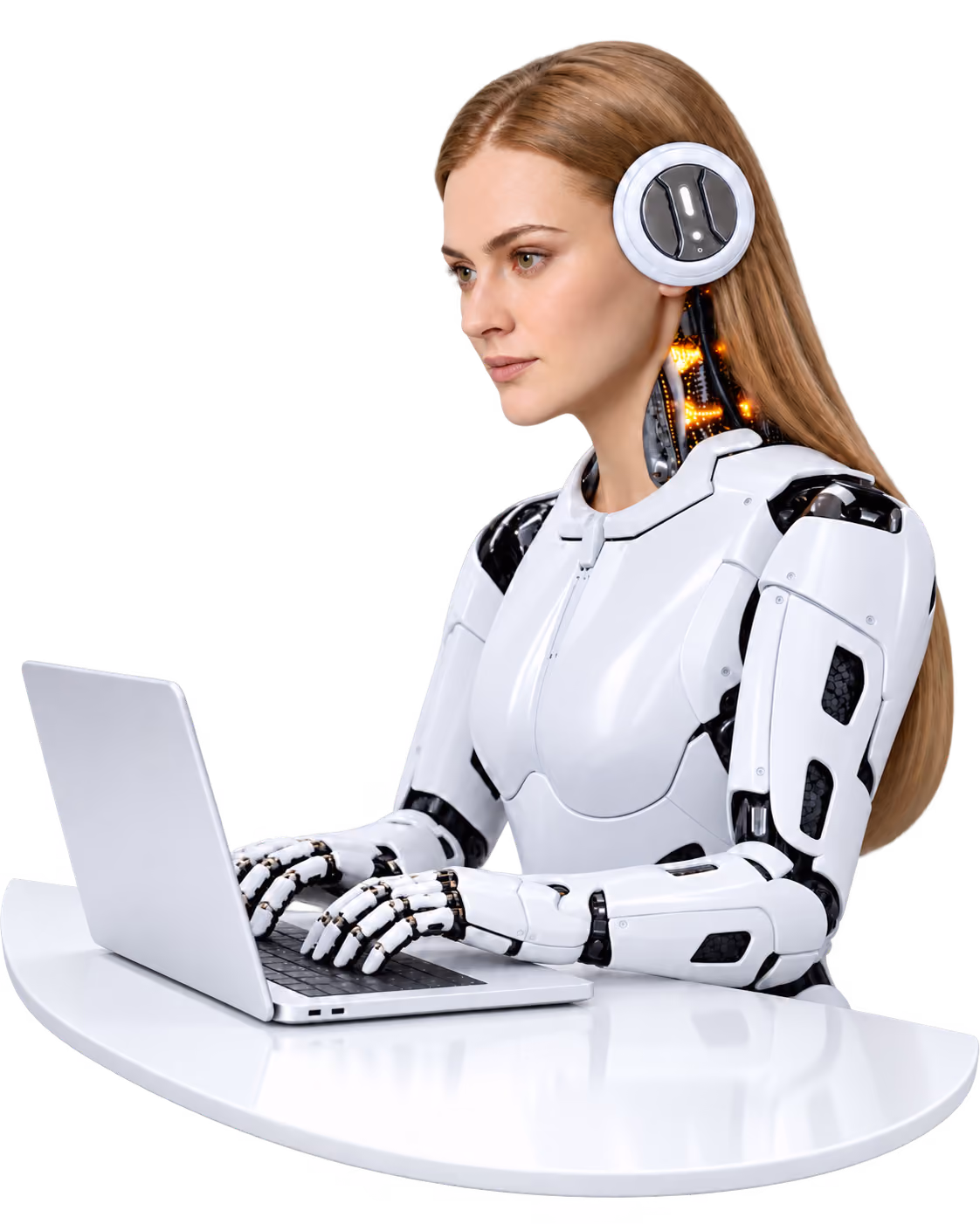 Lisa, the AI purchasing agent from Recall Space, working at a laptop