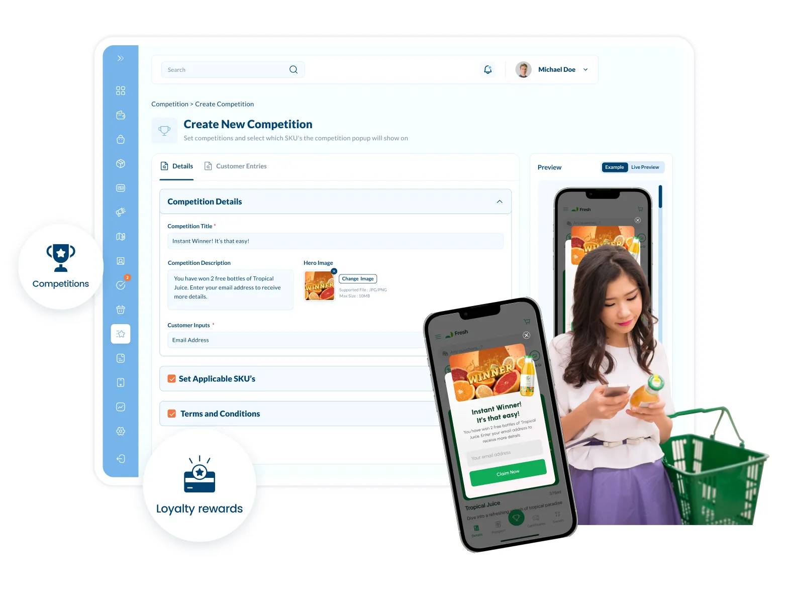 A woman looking at a cell phone next to a shopping bag.