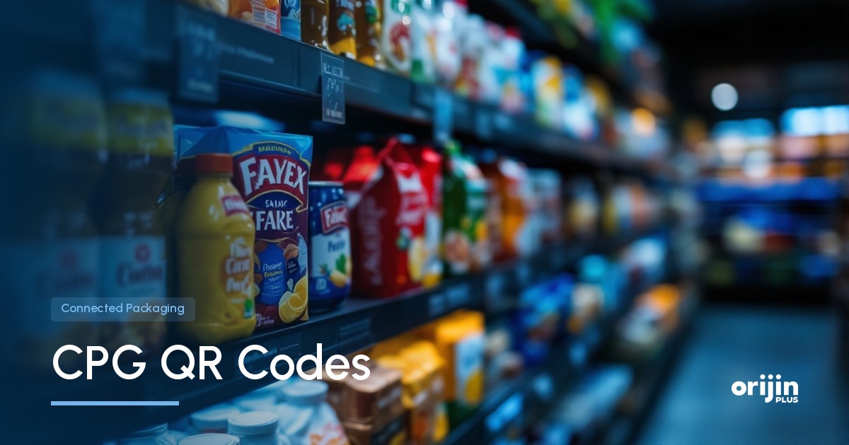 CPG QR codes and connected packaging on a retail shelf, Connected Packaging, Orijin Plus