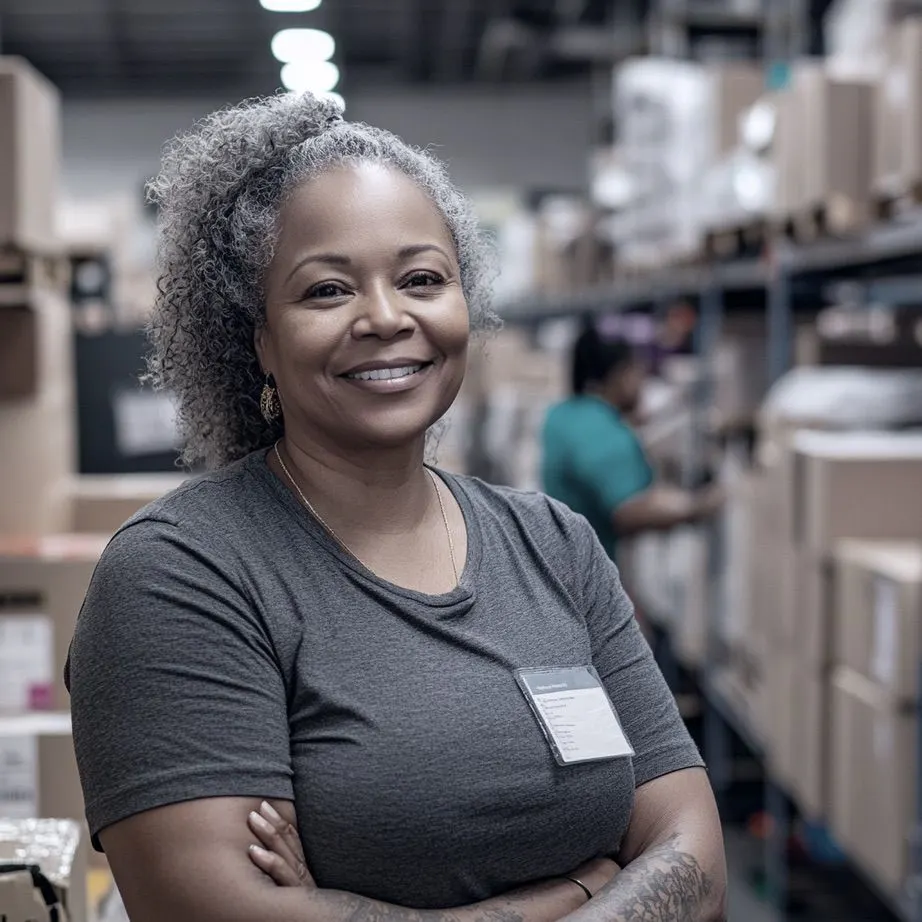 A woman standing in a warehouse with her arms crossed