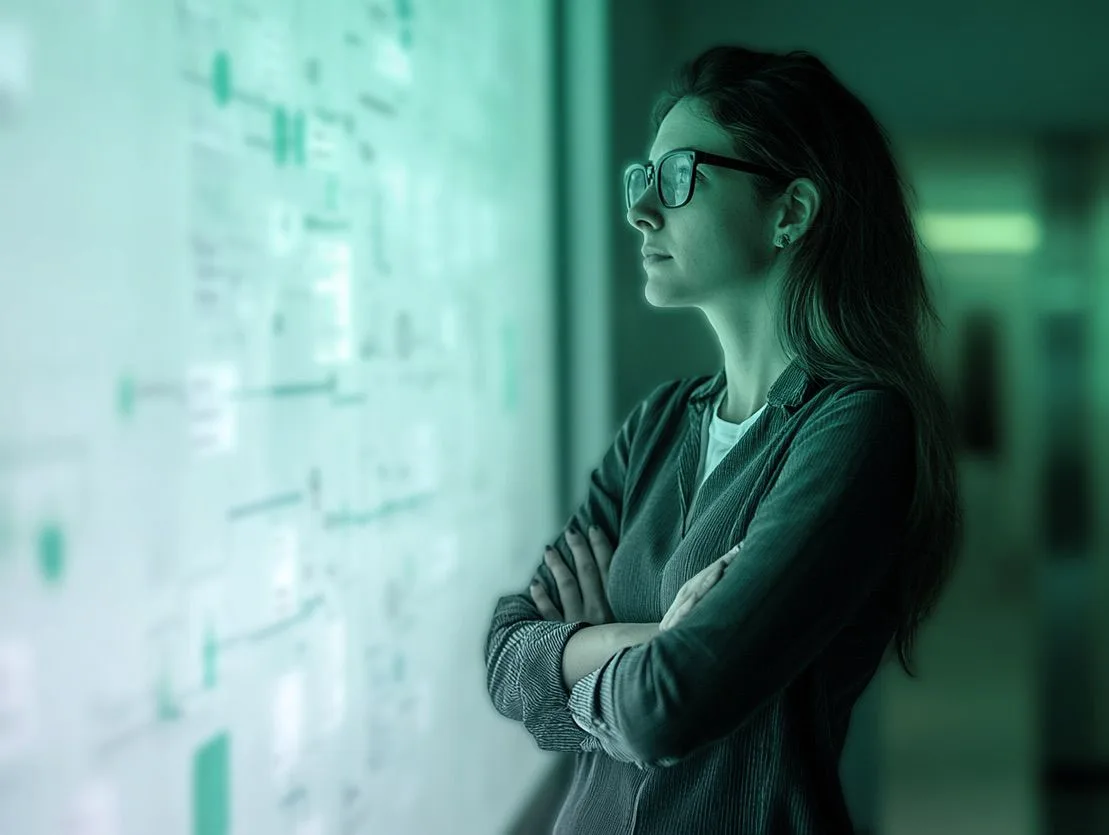 A woman standing in front of a white board