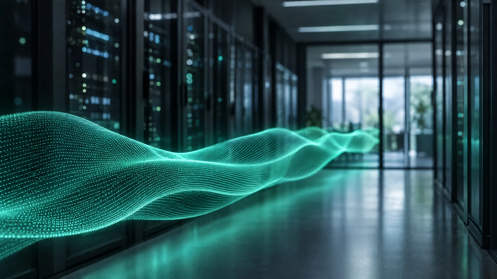 Dark server room corridor with racks and a glass door, one broad aqua-green ribbon of light lines running steadily down its length