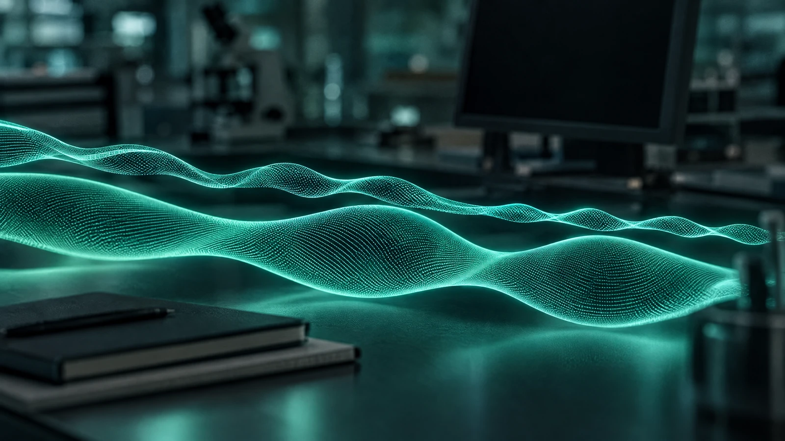 Quiet research lab bench with notebooks and a switched-off monitor, two parallel aqua-green light ribbons, one thin with tight ripples and one wide with long swells
