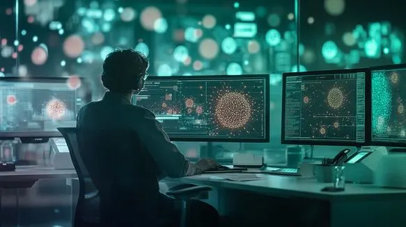 Illustrative image of a person reviewing information across several monitors.