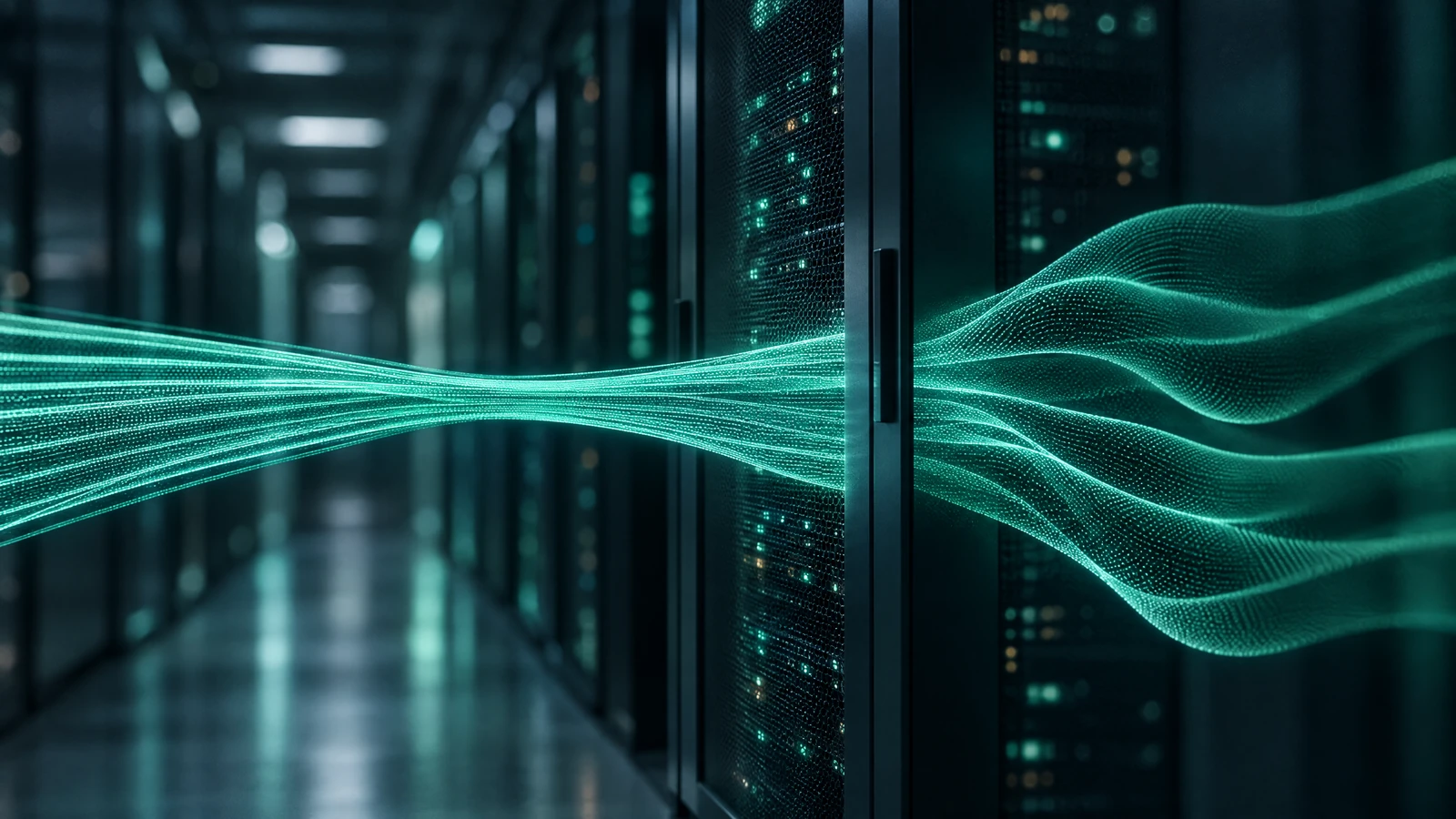 Dark data centre aisle with a tight bundle of aqua-green light lines flowing into one server rack and fanning out the other side