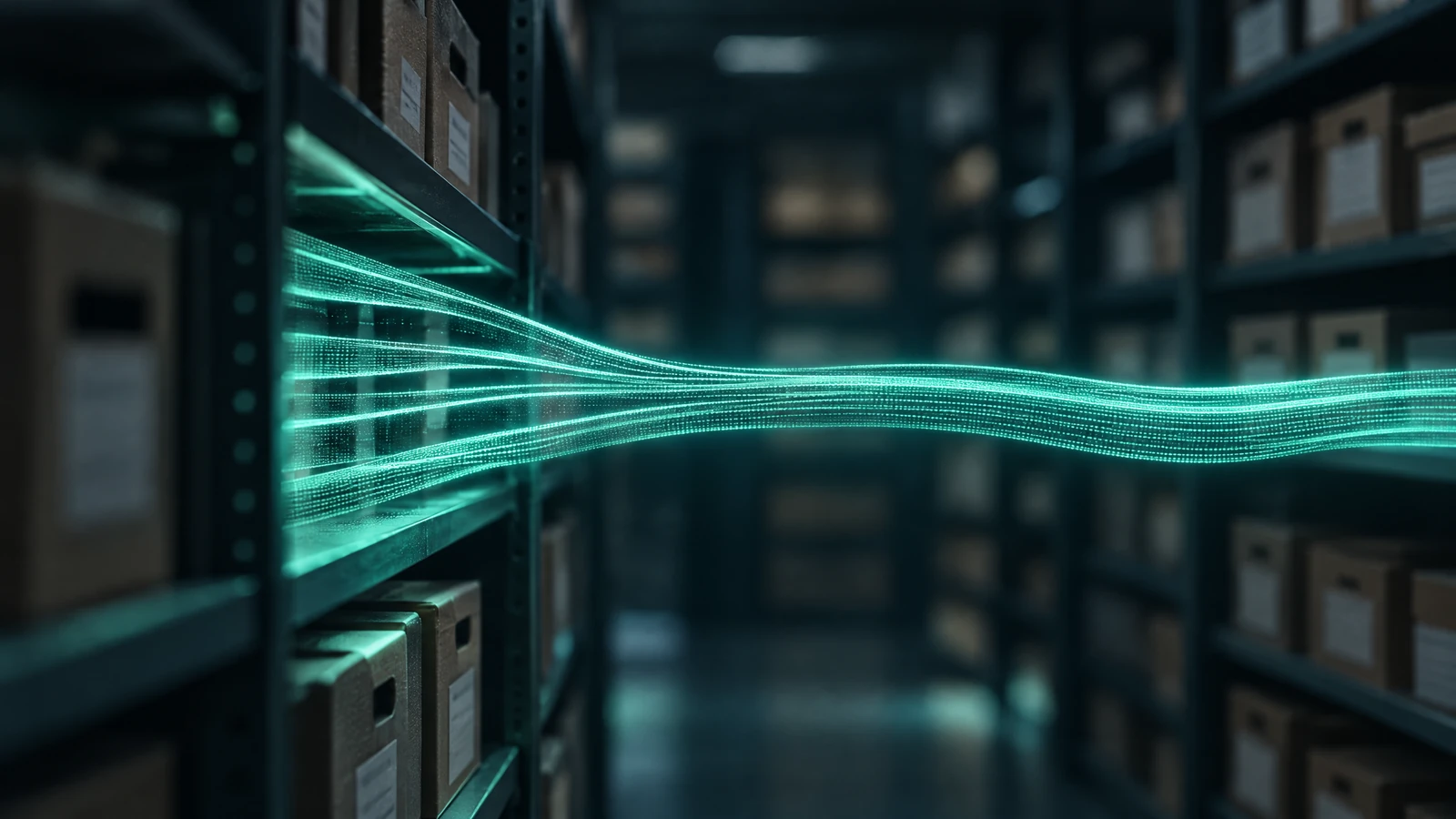 Dim archive room with labelled boxes on shelves, scattered aqua-green light strands aligning into one clean parallel stream
