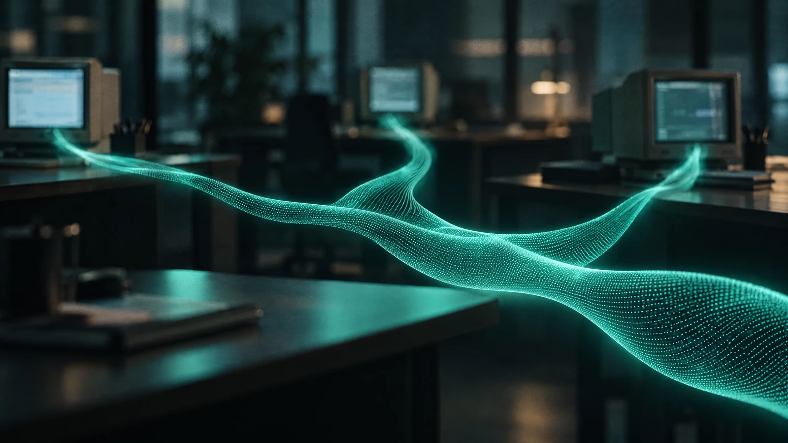 Dark office with three old monitors on separate desks, three aqua-green light streams merging into one ribbon