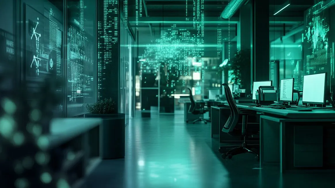 Illustrative office with digital screens and green data projections.