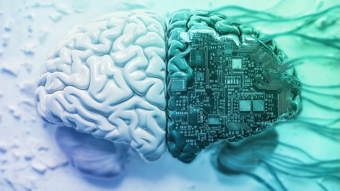 Illustrative brain split between a human form and electronic circuitry; not a measured human-versus-AI result.