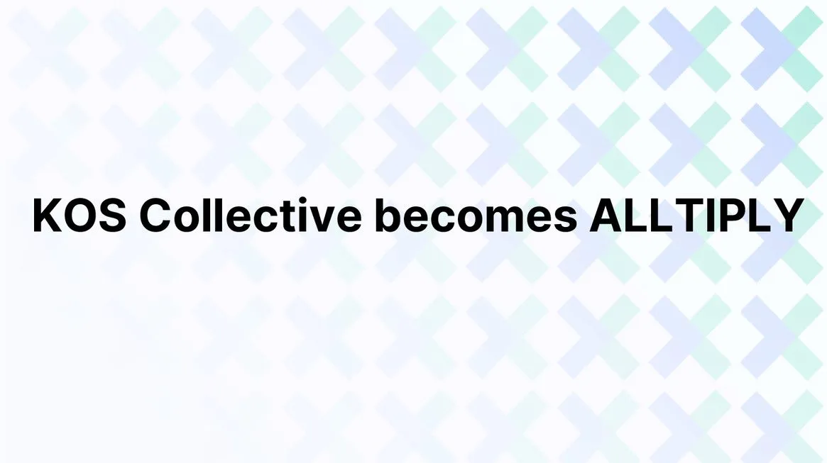 Historical announcement graphic with the words KOS Collective becomes ALLTIPLY.
