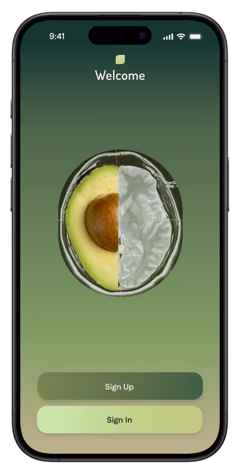 Mobile app welcome screen with an image half avocado and half brain, buttons for Sign Up and Sign In on a green gradient background.