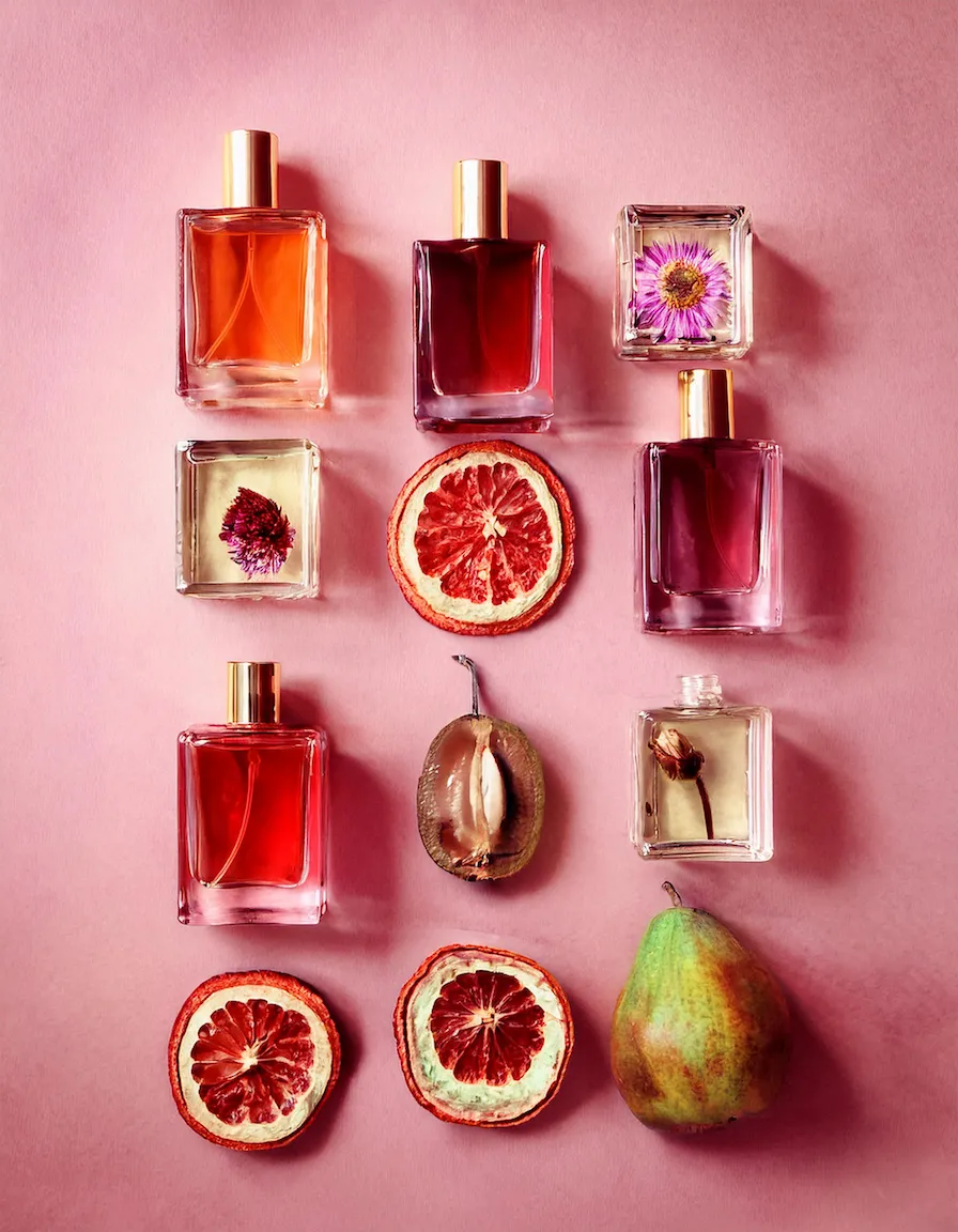 Parfumflesje omringd door natuurlijke ingrediënten zoals lavendel en citroen.