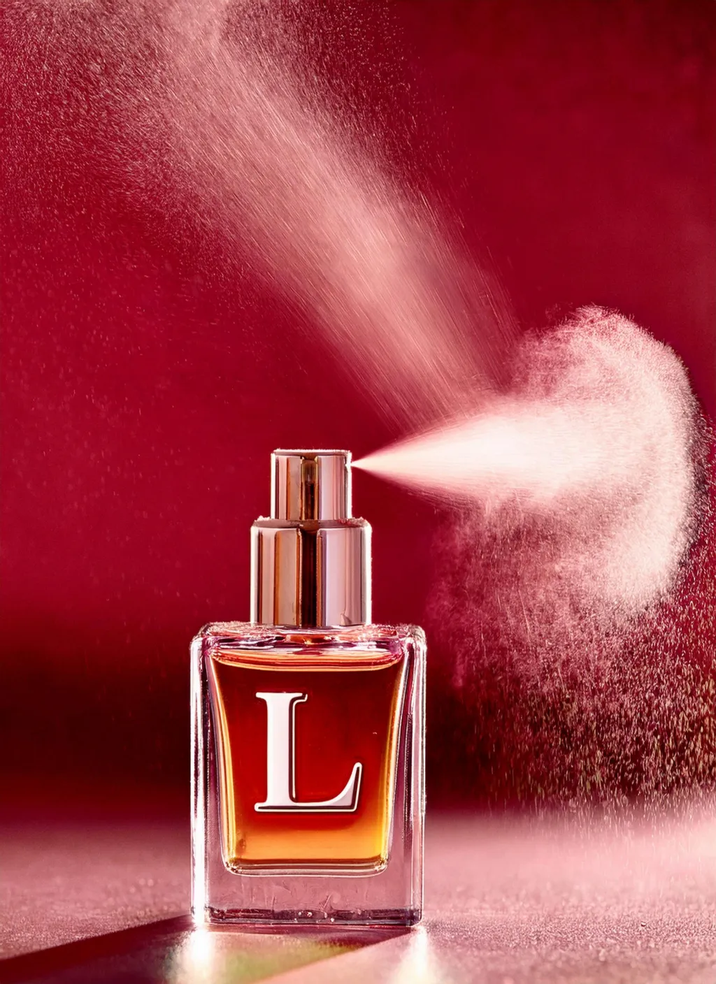 Stijlvolle parfumfles met een dromerige mist in een minimalistische setting.