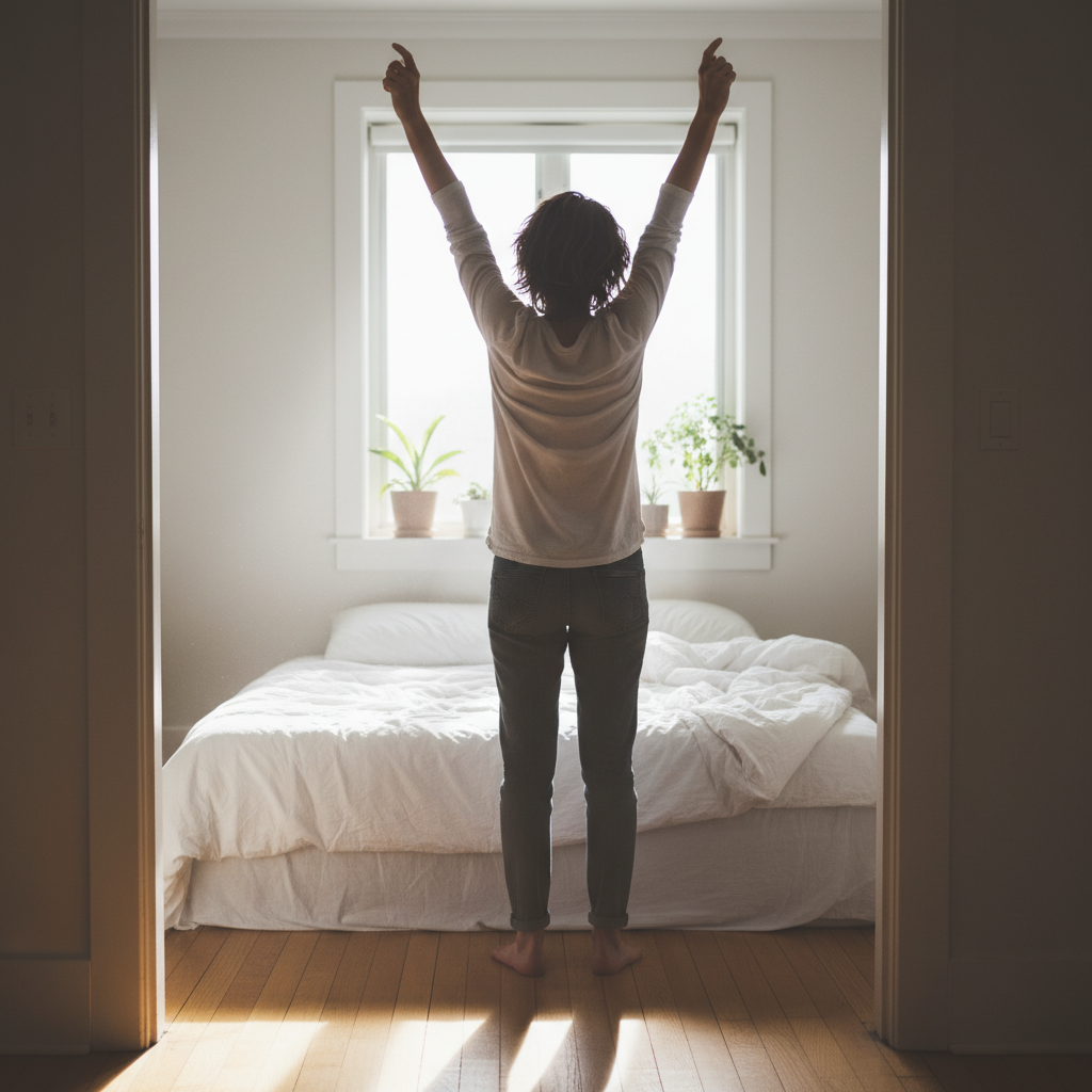 A person stretching in morning sunlight after getting out of bed