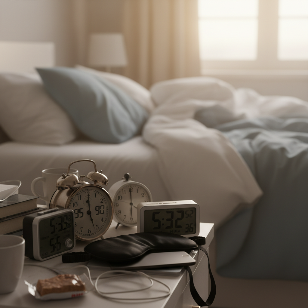 A cluttered nightstand with multiple alarm clocks