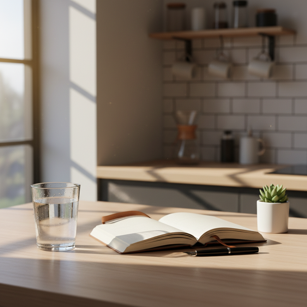 아침 햇살이 비치는 테이블 위 물 한 잔과 펼쳐진 노트
