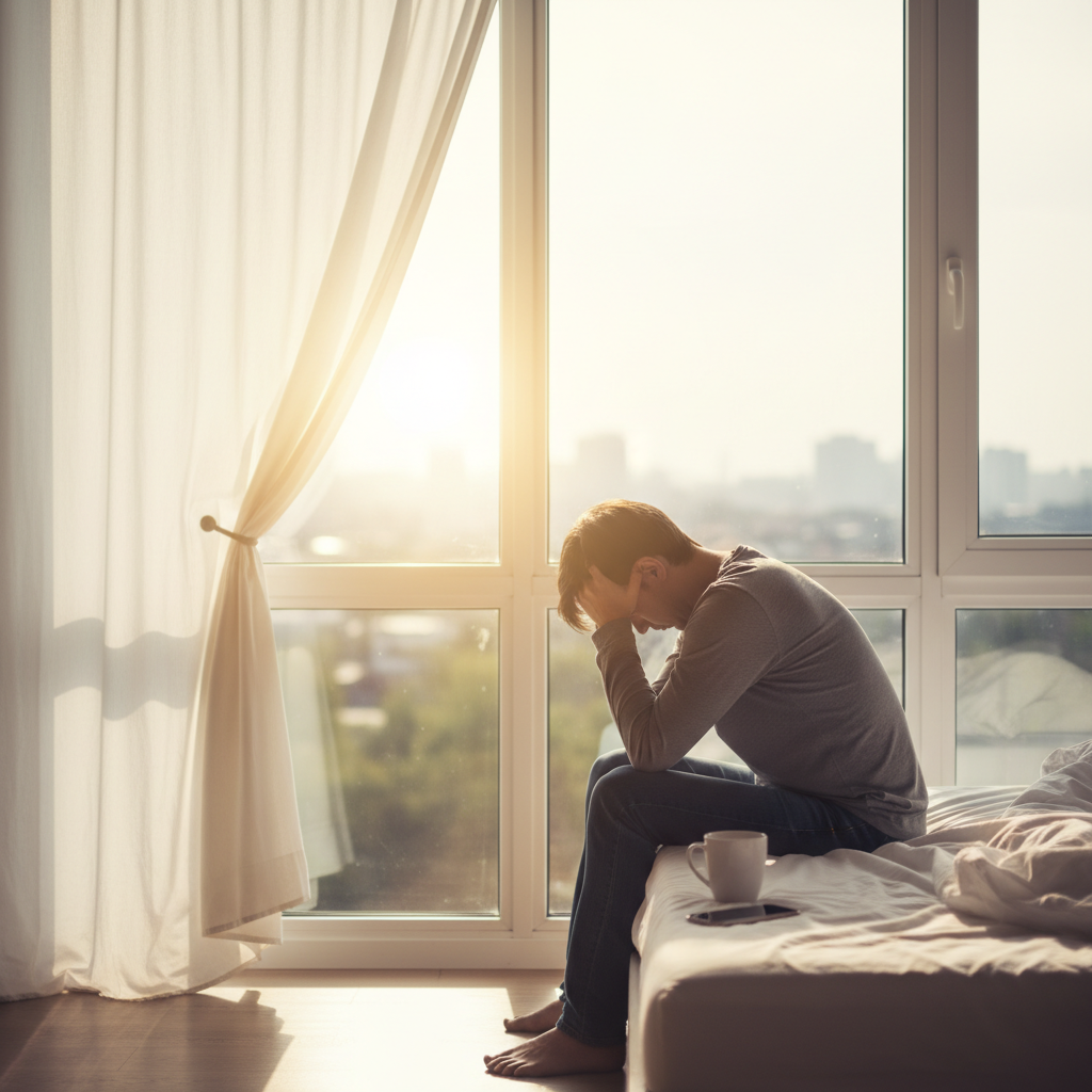 주말 늦은 아침, 침대 가장자리에 지친 채 앉아 있는 사람의 뒷모습