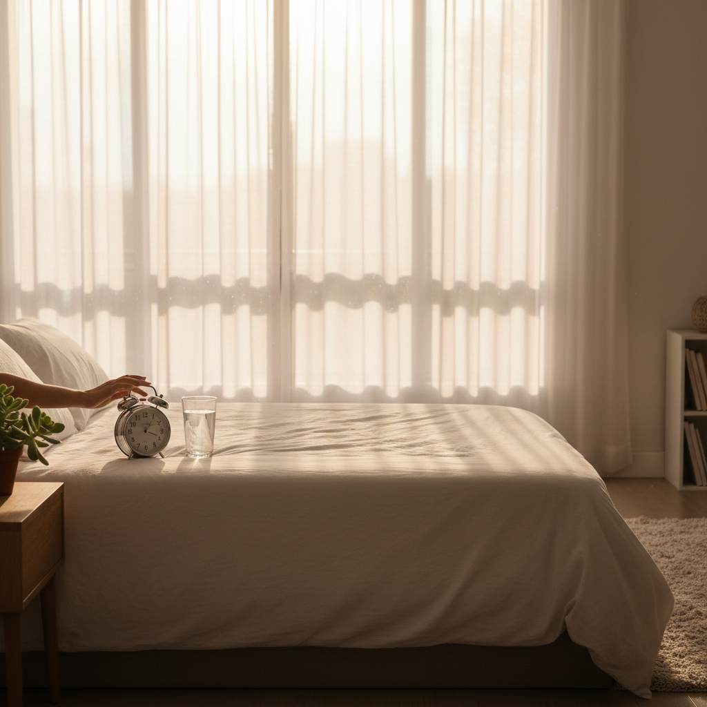 이른 아침 알람을 끄며 차분하게 하루를 시작하는 모습