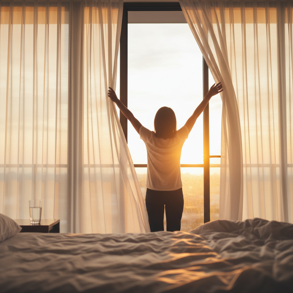 창가에서 기지개를 켜며 상쾌한 아침을 맞이하는 사람의 뒷모습
