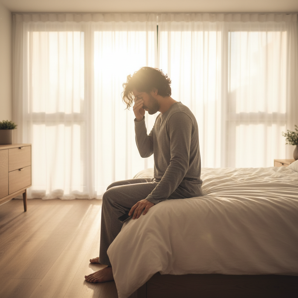 밝은 아침 빛 속에서 침대에 앉아 눈을 비비는 사람의 뒷모습