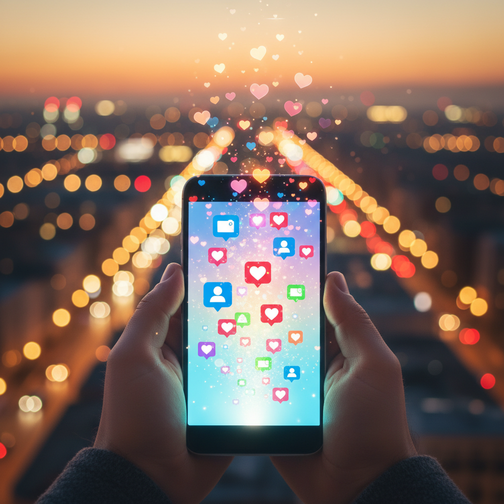 스마트폰에서 SNS 알림이 폭발적으로 퍼져나가는 모습