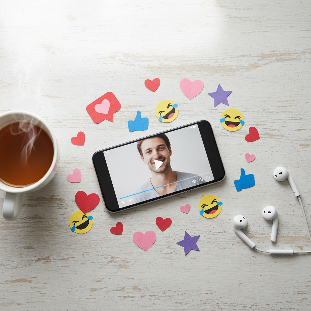 SNS 반응 아이콘과 함께 놓인 스마트폰과 바이럴 영상 화면