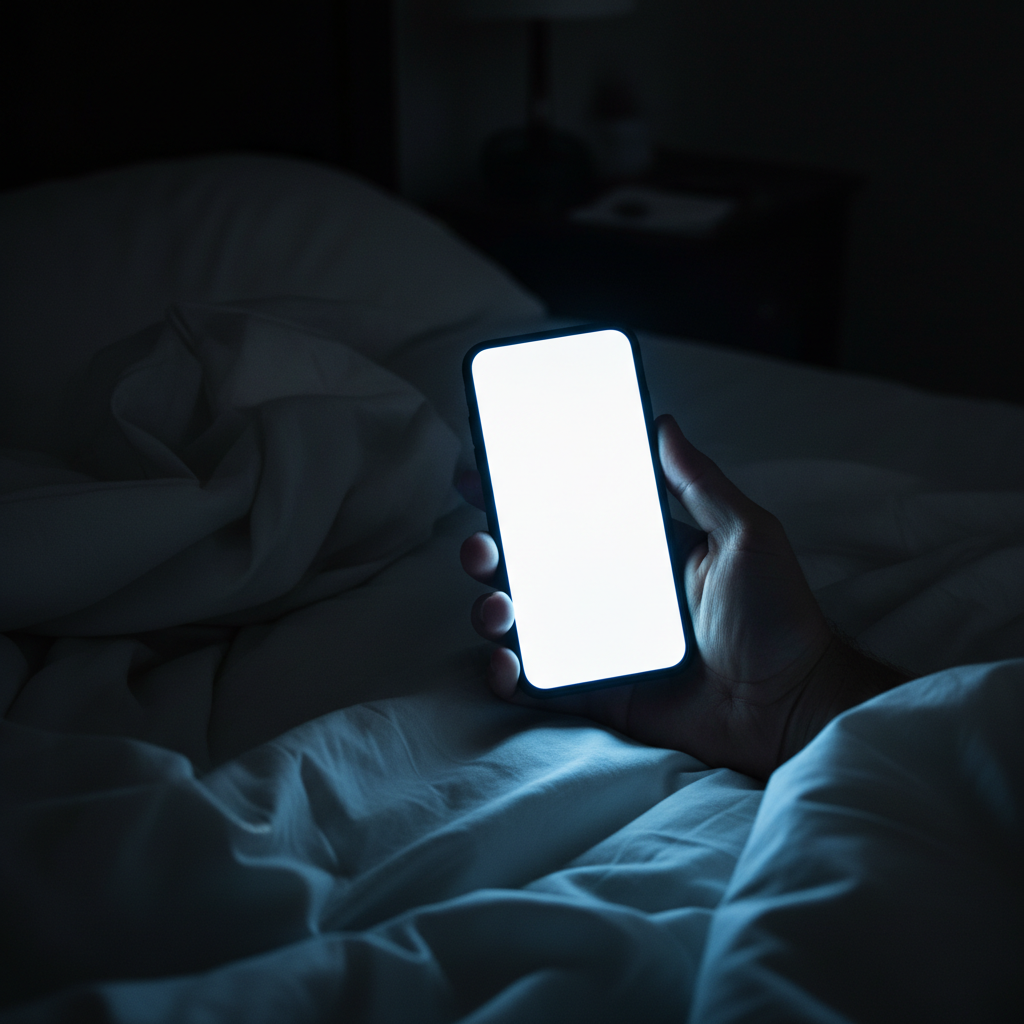 Blue light from a smartphone illuminating bed sheets in a dark bedroom