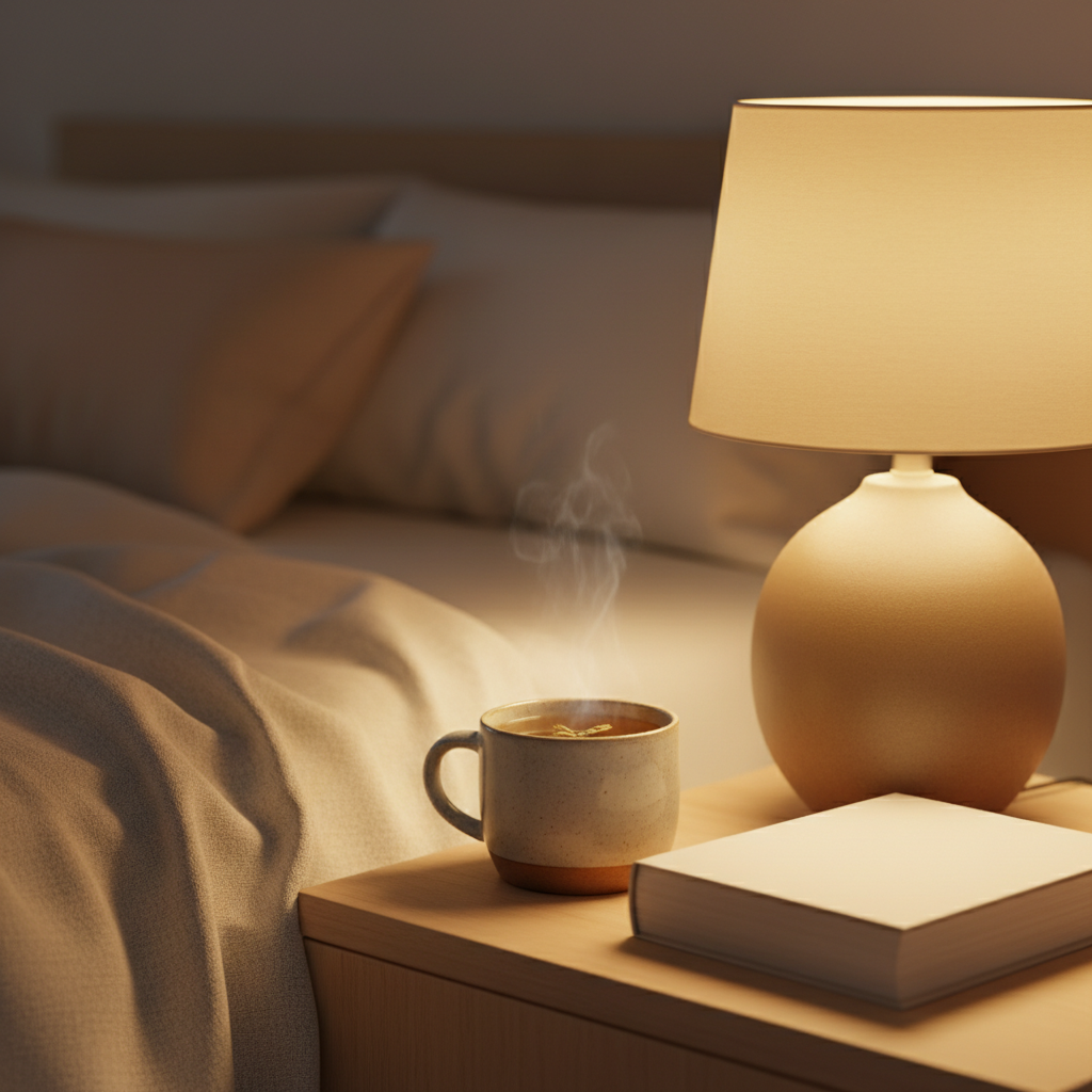 A calming bedside scene with a book and herbal tea under warm lamplight