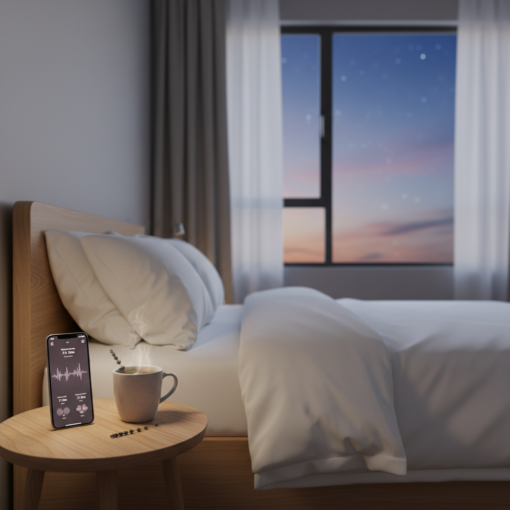 A calm bedroom at dusk with a well-prepared sleep environment