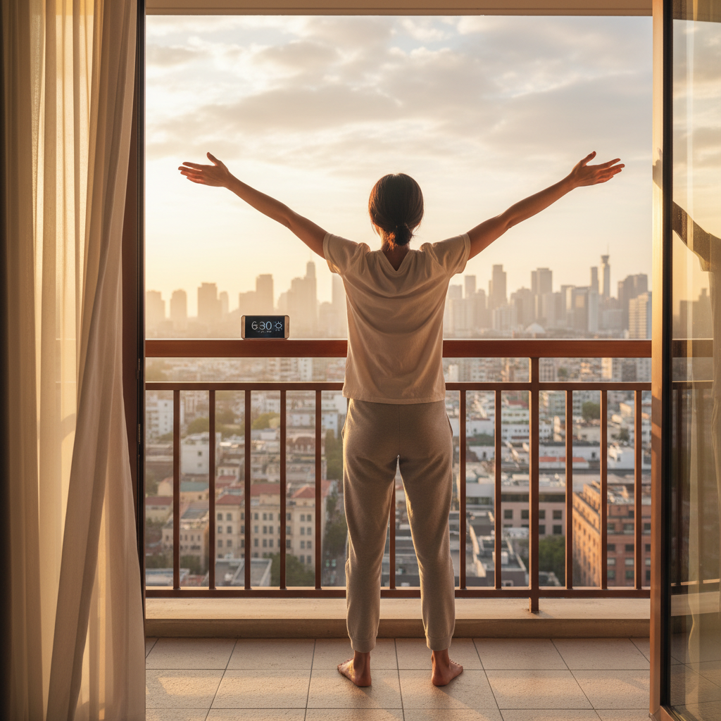 A traveler stretching on a sunlit hotel balcony overlooking a city in the early morning