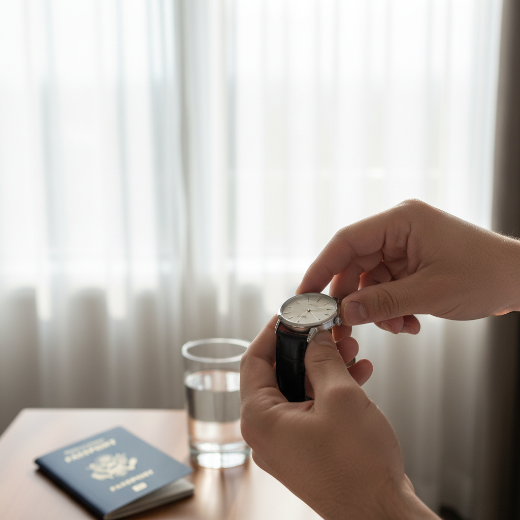 Close-up of hands adjusting a wristwatch in a sunlit hotel room with a passport nearby