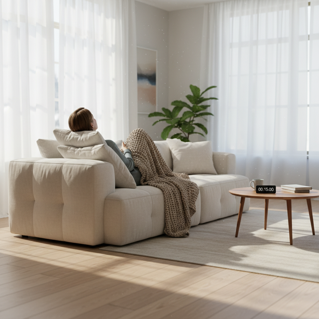 A person seen from behind taking a short strategic nap on a sofa in a bright living room